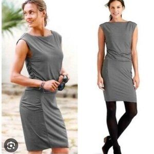 Athleta White Brown Micro Stripe Westwood Side Ruched Casual Dress